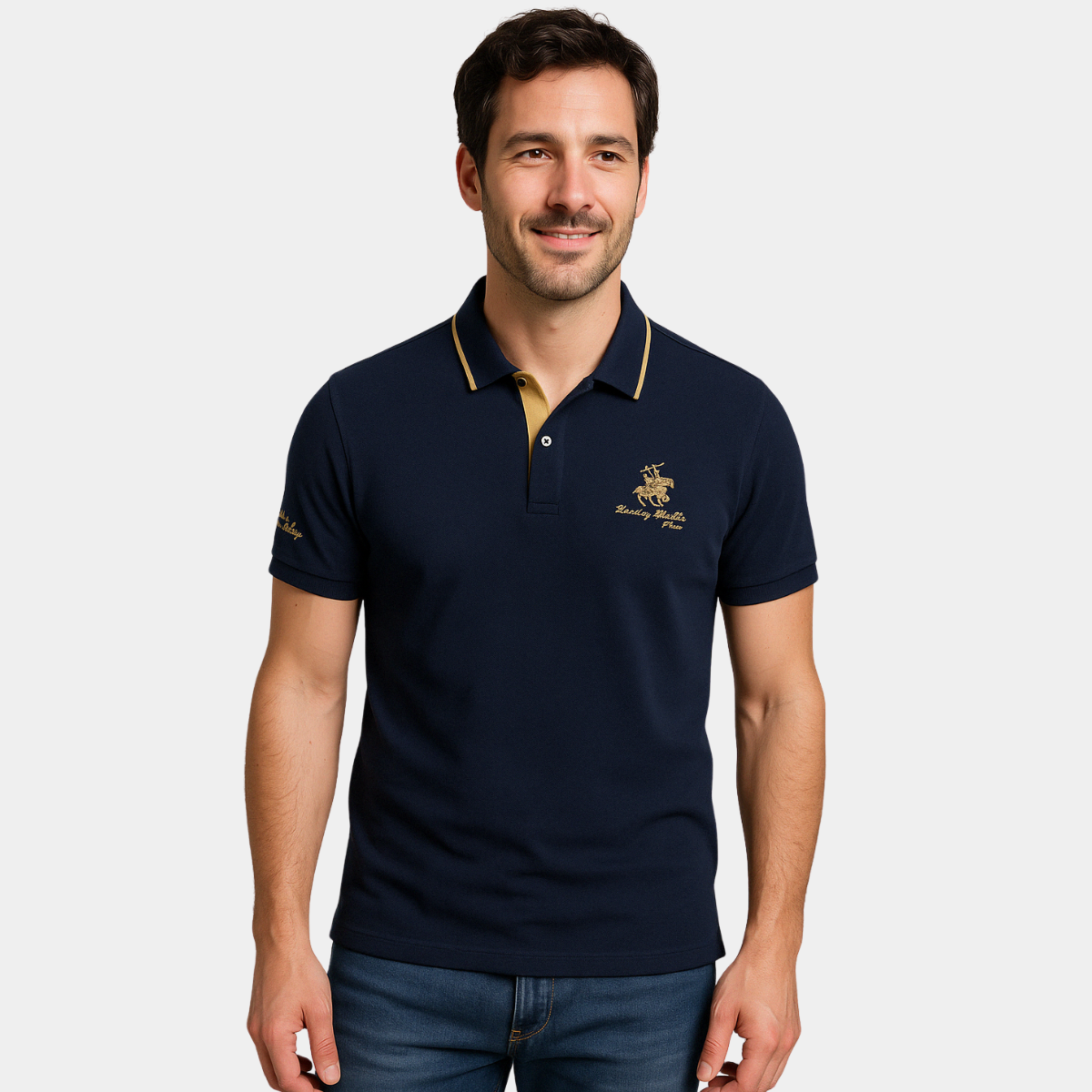 Man wearing a navy contrast collar polo shirt