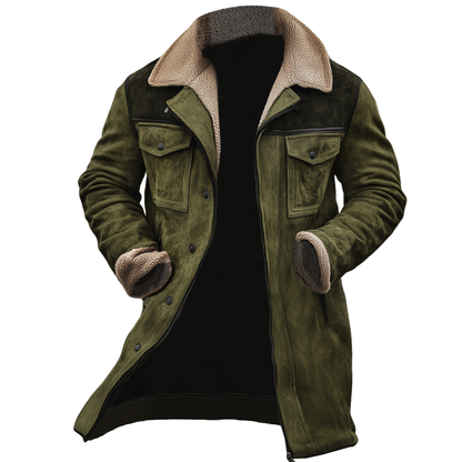 Green suede-finish coat with a sherpa collar and flap chest pockets