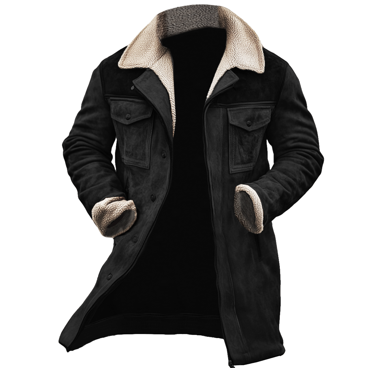 Black suede-finish coat with a cream sherpa collar and cuffs