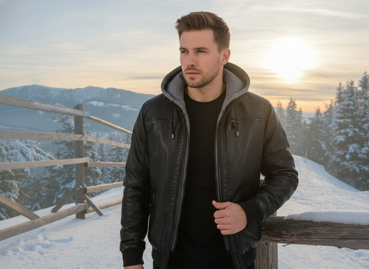 Man wearing a black leather jacket with grey hood in the snow