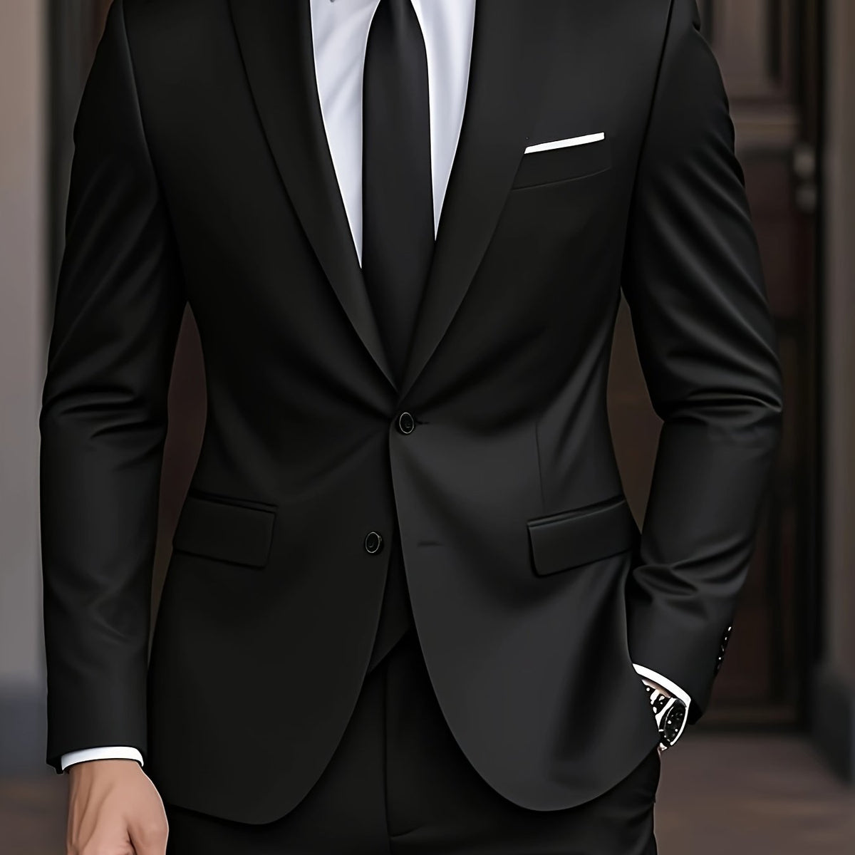 Black suit jacket with chest welt pocket, close-up