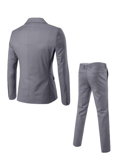 Back of the gray suit jacket and trousers