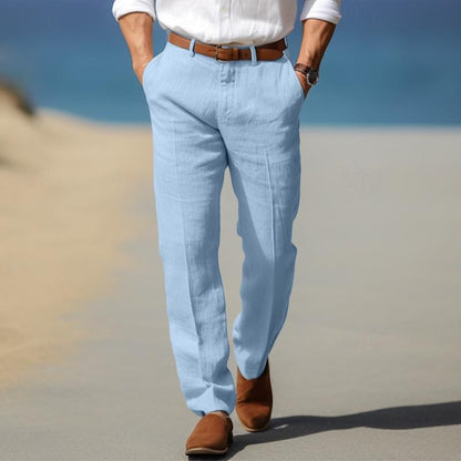 Man wearing light blue linen-look straight-leg pants