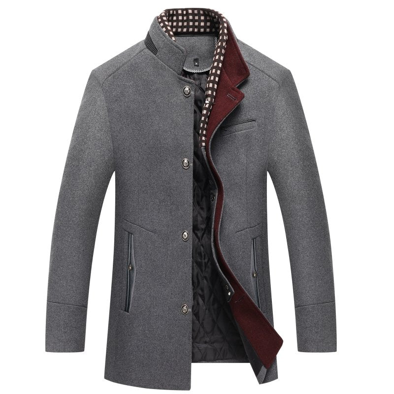 Gray quilt-lined stand-collar overcoat