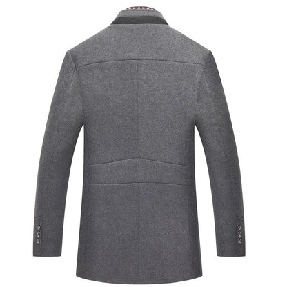 Back view of the gray quilt-lined stand-collar overcoat