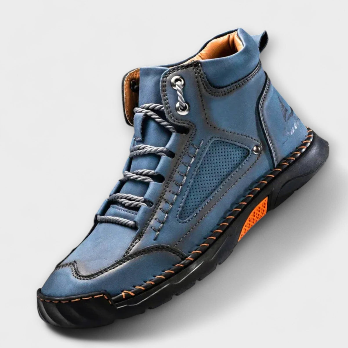 Blue lug-sole stitched ankle boot