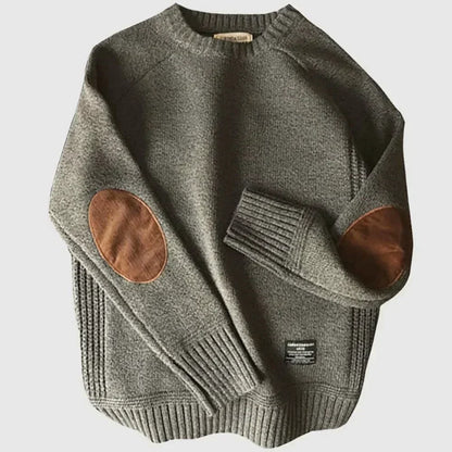 Gray elbow-patch crew neck sweater