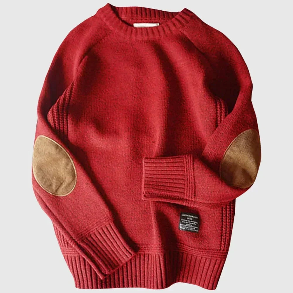 Red elbow-patch crew neck sweater