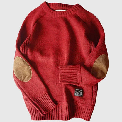Red elbow-patch crew neck sweater