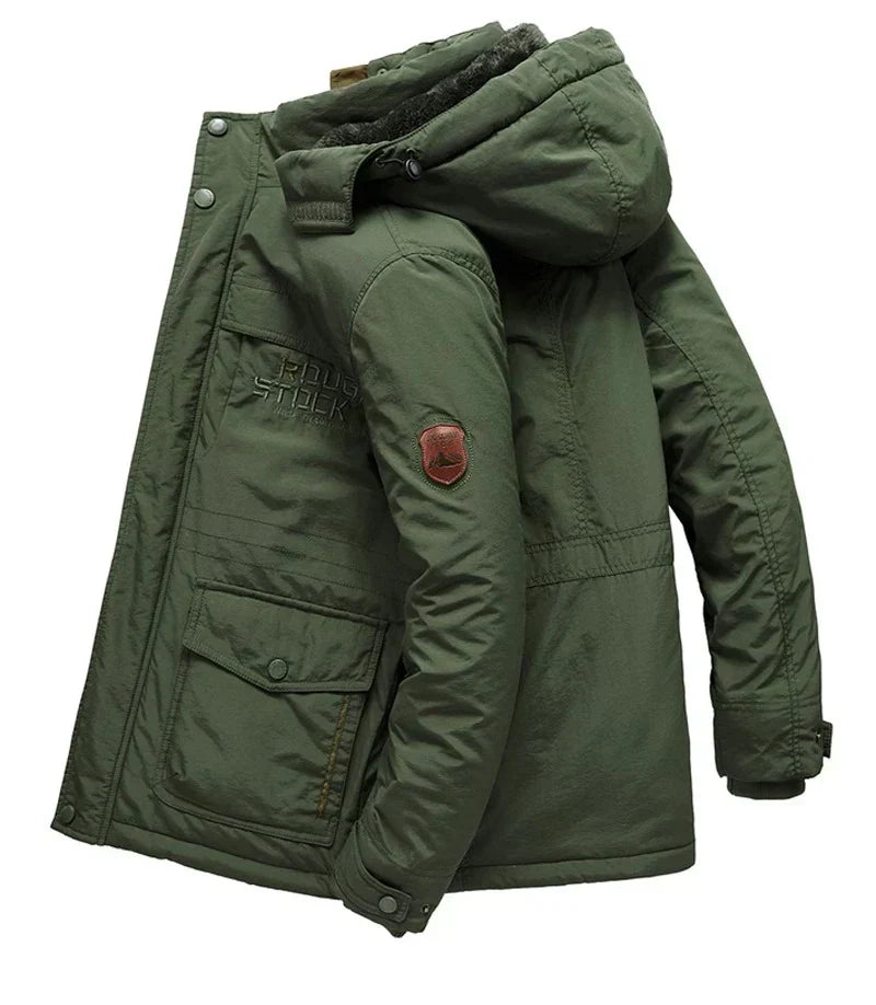 Green parka seen from the side with the hood up