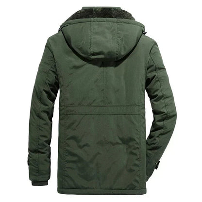 Green hooded fleece-lined parka seen from the back