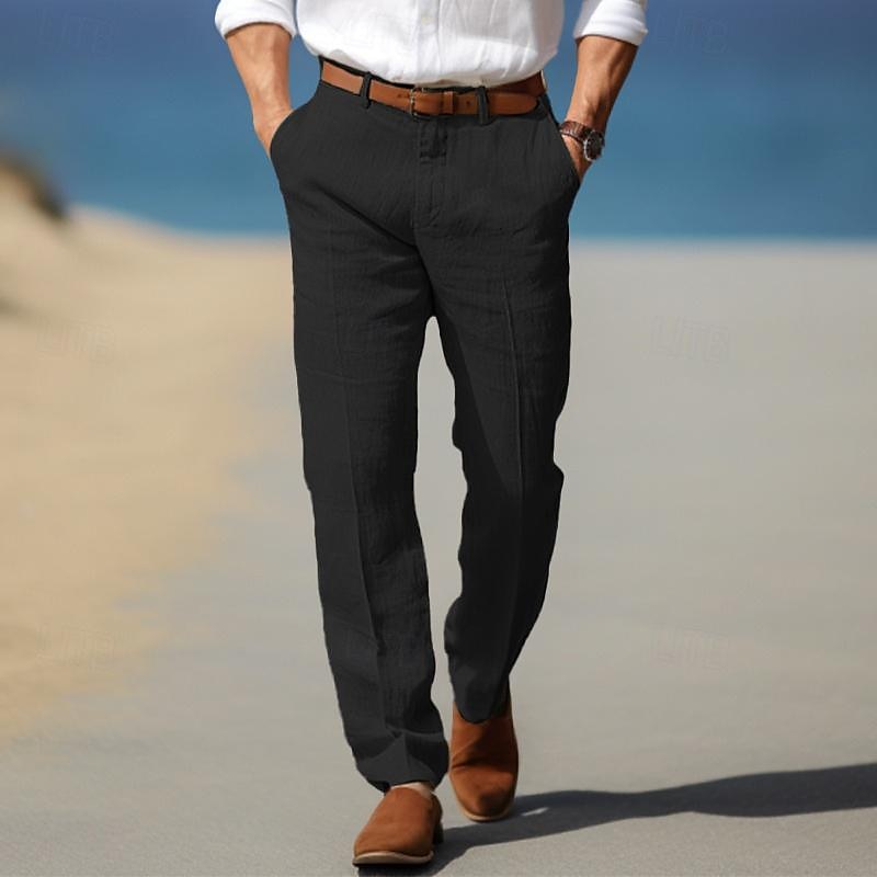Man wearing black linen-look straight-leg pants
