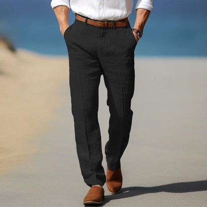 Man wearing black linen-look straight-leg pants