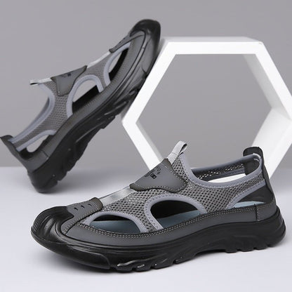 Gray closed-toe mesh hiking sandals