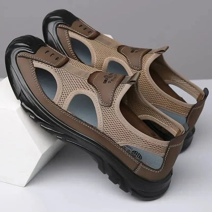 Pair of brown closed-toe mesh hiking sandals