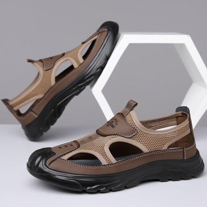 Brown closed-toe mesh hiking sandals