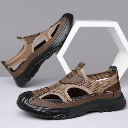 Brown closed-toe mesh hiking sandals