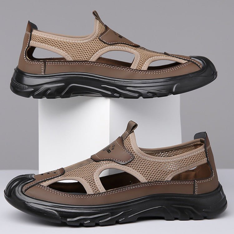 Pair of brown closed-toe mesh hiking sandals