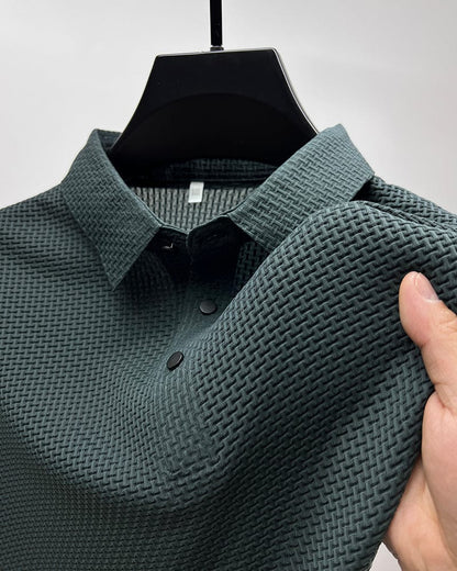 Dark green long-sleeve waffle knit polo