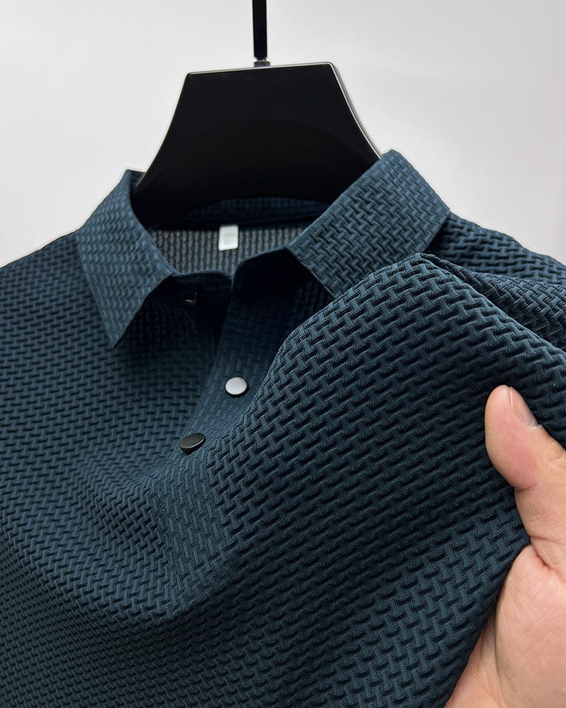 Blue long-sleeve waffle knit polo