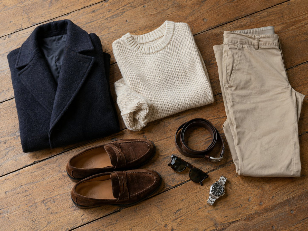 Navy overcoat, cream knit, chinos, suede loafers and accessories