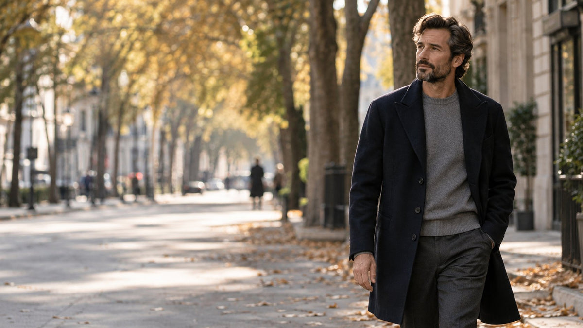 Man in a navy wool overcoat walking along an autumn boulevard