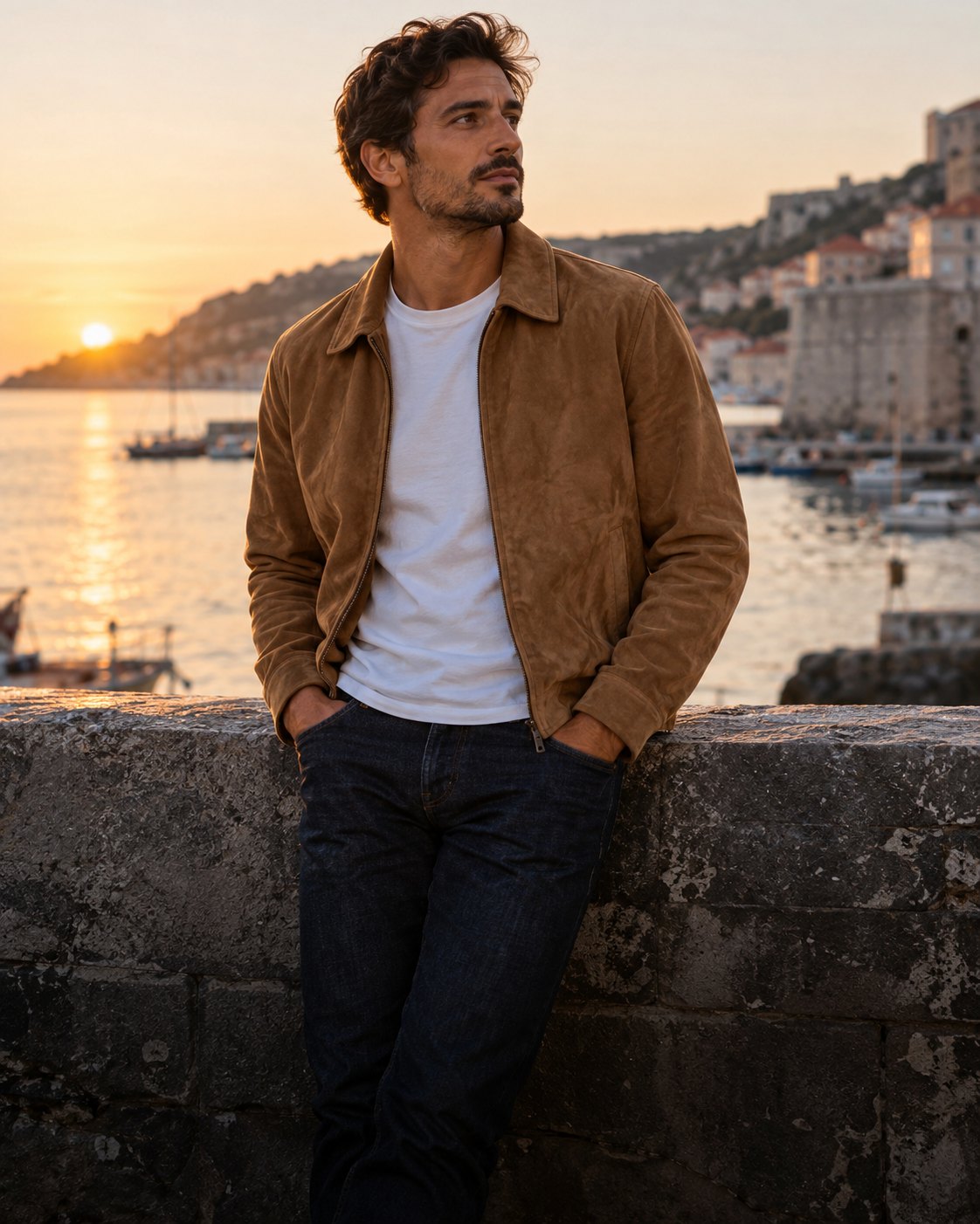 Man in a camel suede jacket by the harbour at golden hour