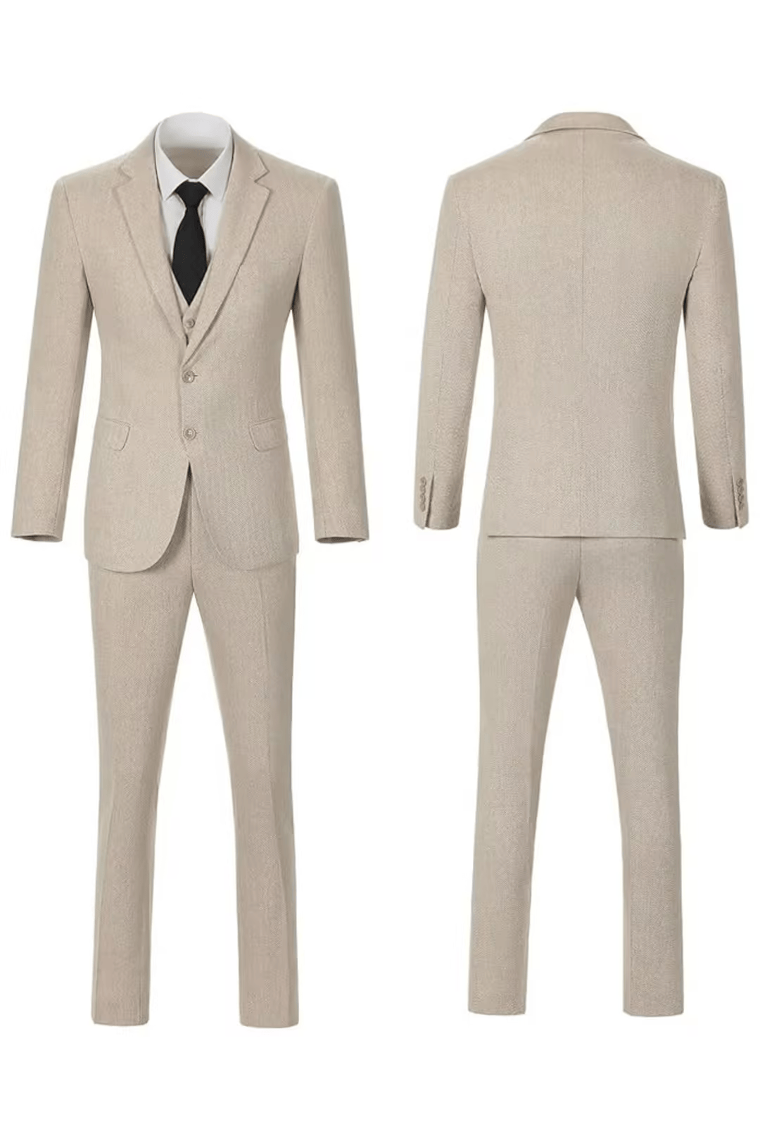 Beige herringbone notch-lapel suit, front and back