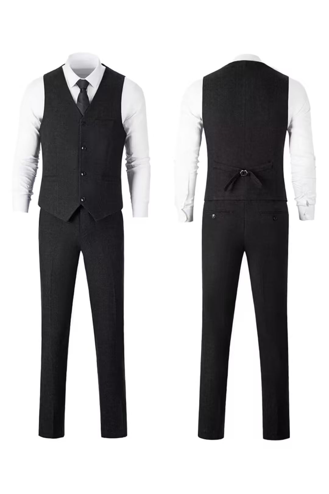 Black herringbone suit with white shirt, front and back