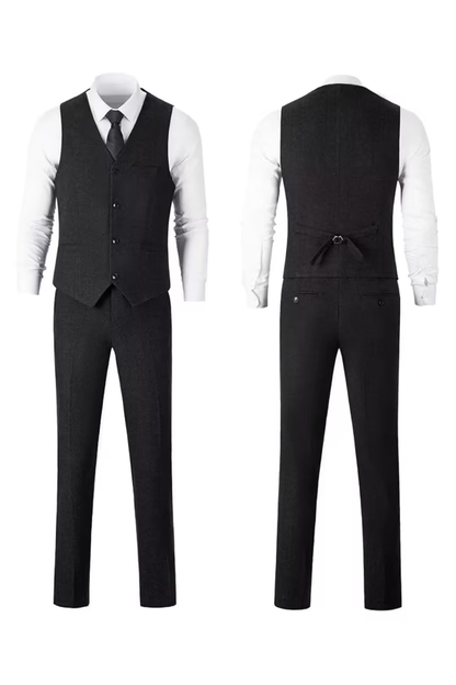 Black herringbone suit with white shirt, front and back