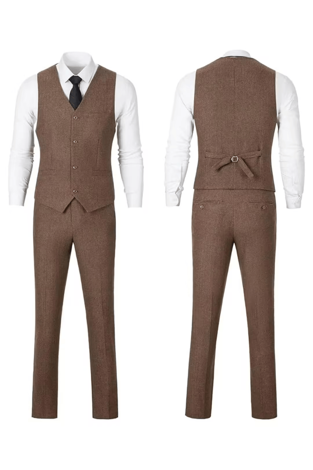 Brown herringbone suit with white shirt, front and back