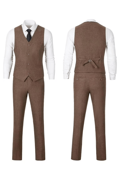 Brown herringbone suit with white shirt, front and back