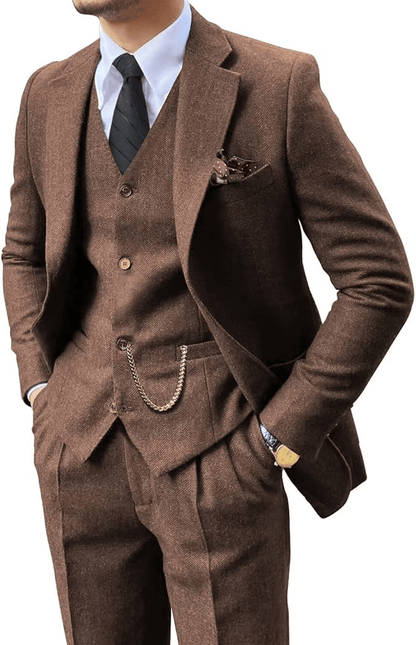 Man wearing a brown herringbone notch-lapel suit