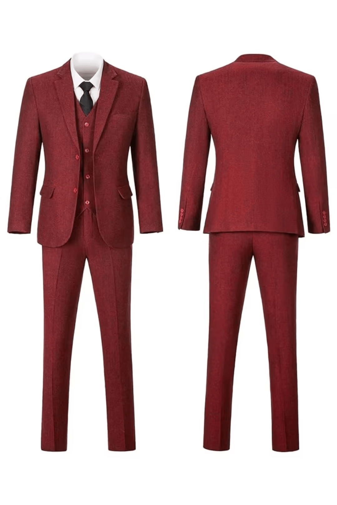 Burgundy herringbone notch-lapel suit, front and back