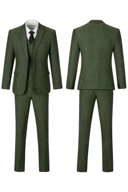 Green herringbone notch-lapel suit, front and back