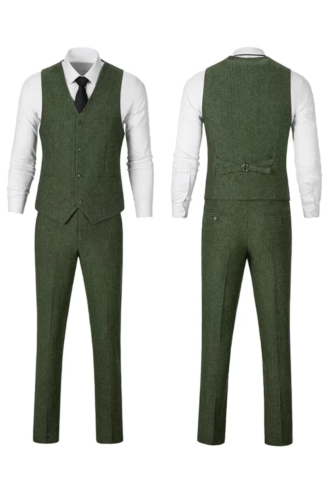 Green herringbone suit with white shirt, front and back