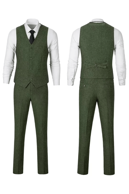 Green herringbone suit with white shirt, front and back
