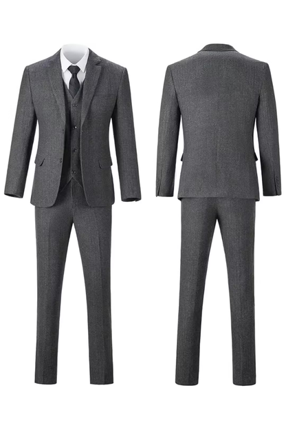 Gray herringbone notch-lapel suit, front and back