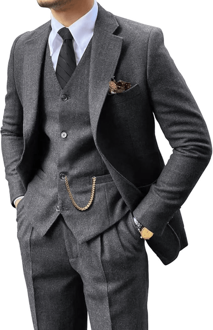 Man wearing a gray herringbone notch-lapel suit