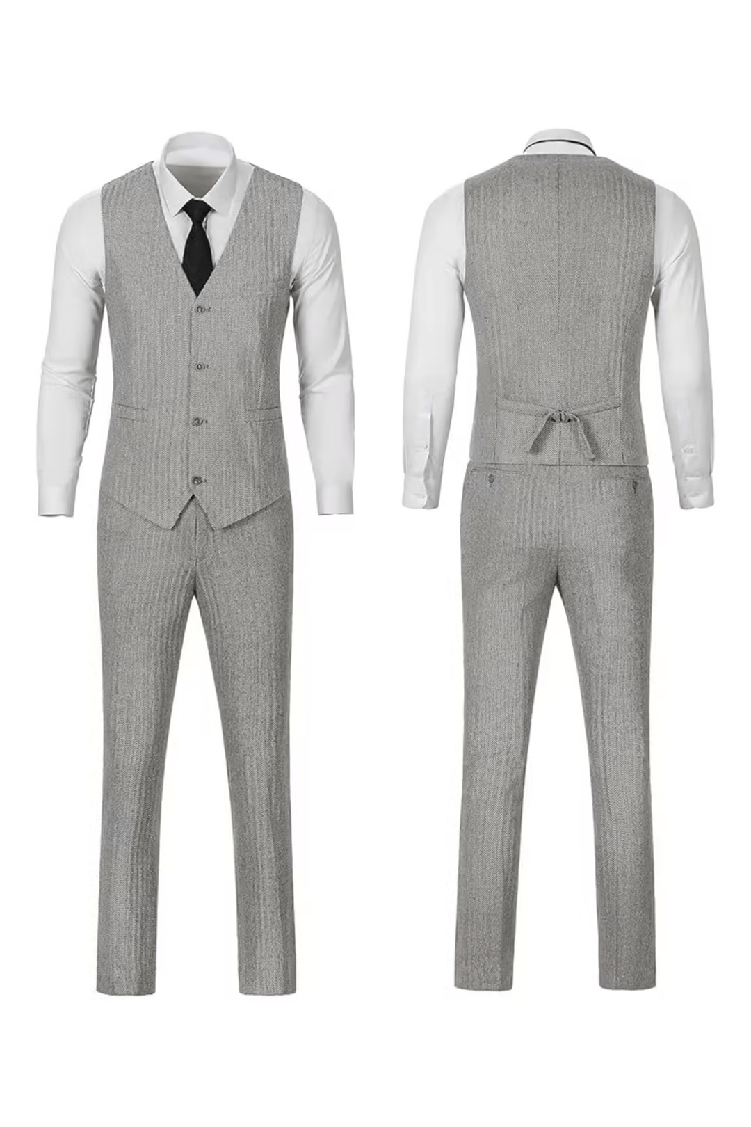 Light gray herringbone suit with white shirt, front and back