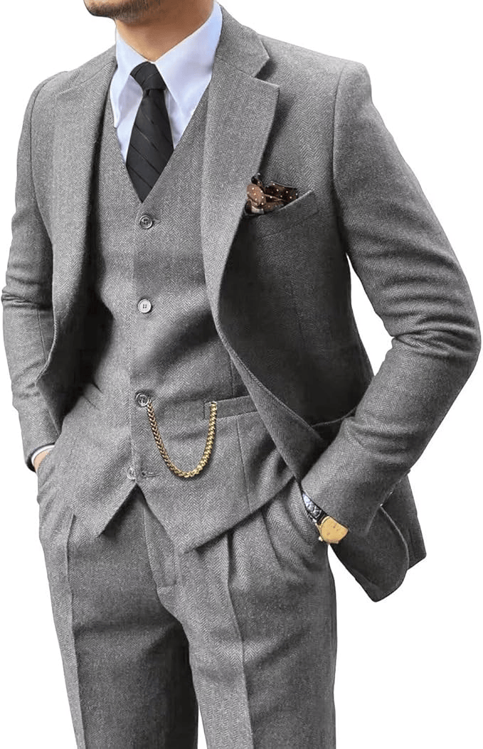 Man wearing a light gray herringbone notch-lapel suit