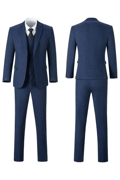Navy blue herringbone notch-lapel suit, front and back