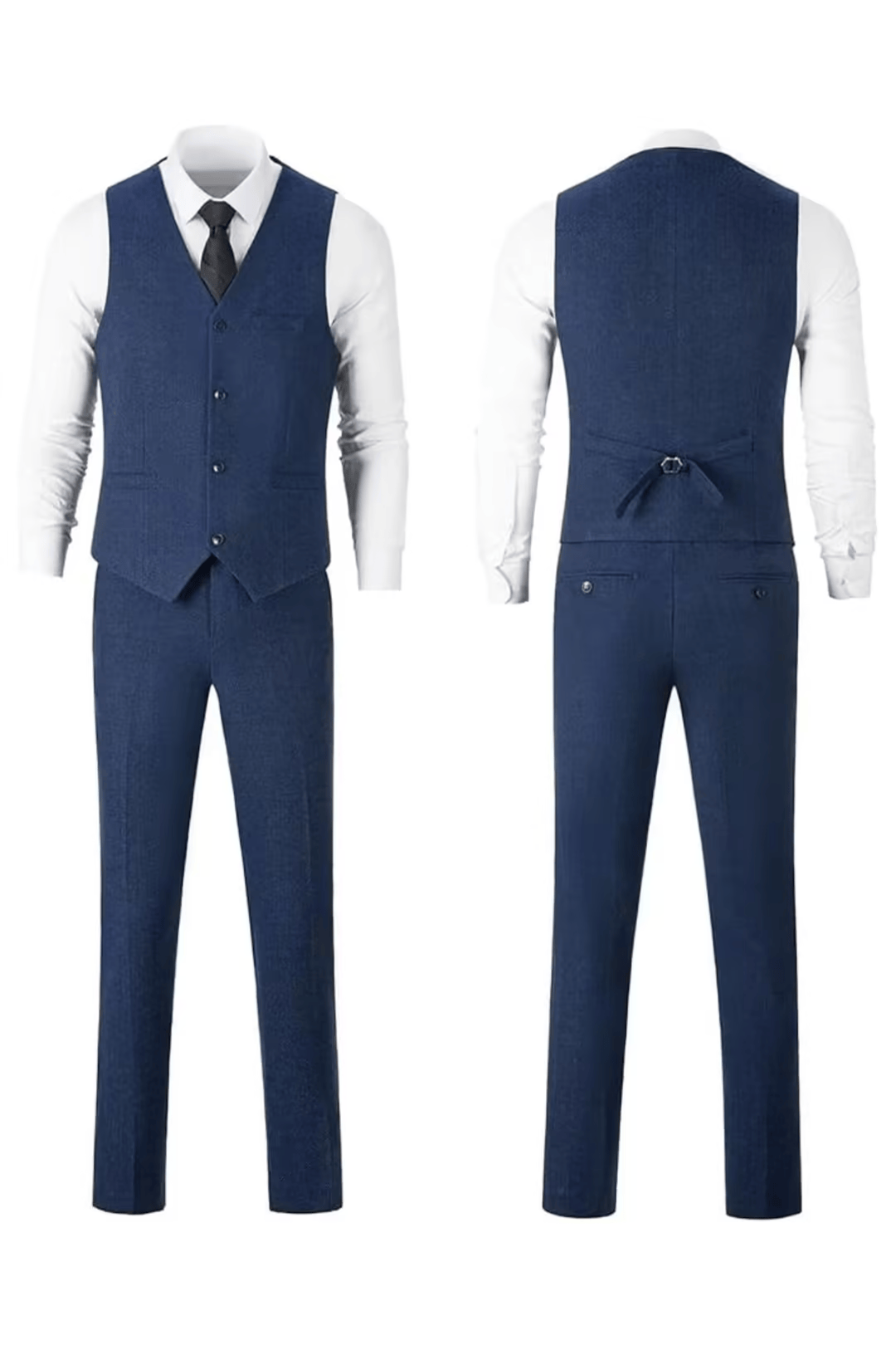 Navy blue herringbone suit with white shirt, front and back