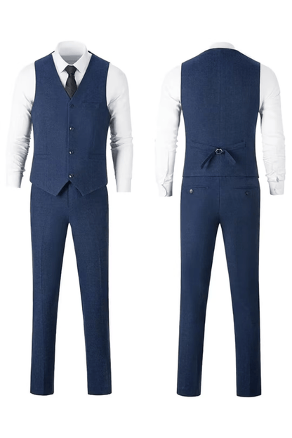 Navy blue herringbone suit with white shirt, front and back
