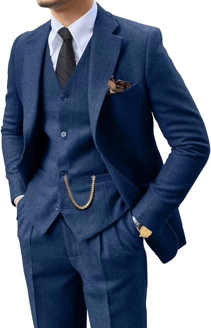 Man wearing a navy blue herringbone notch-lapel suit