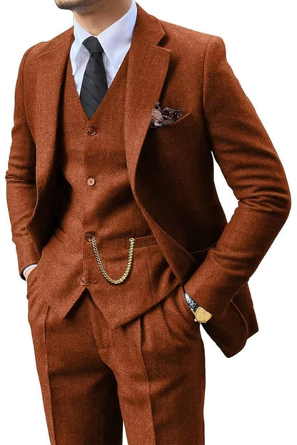 Man wearing a rust herringbone notch-lapel suit