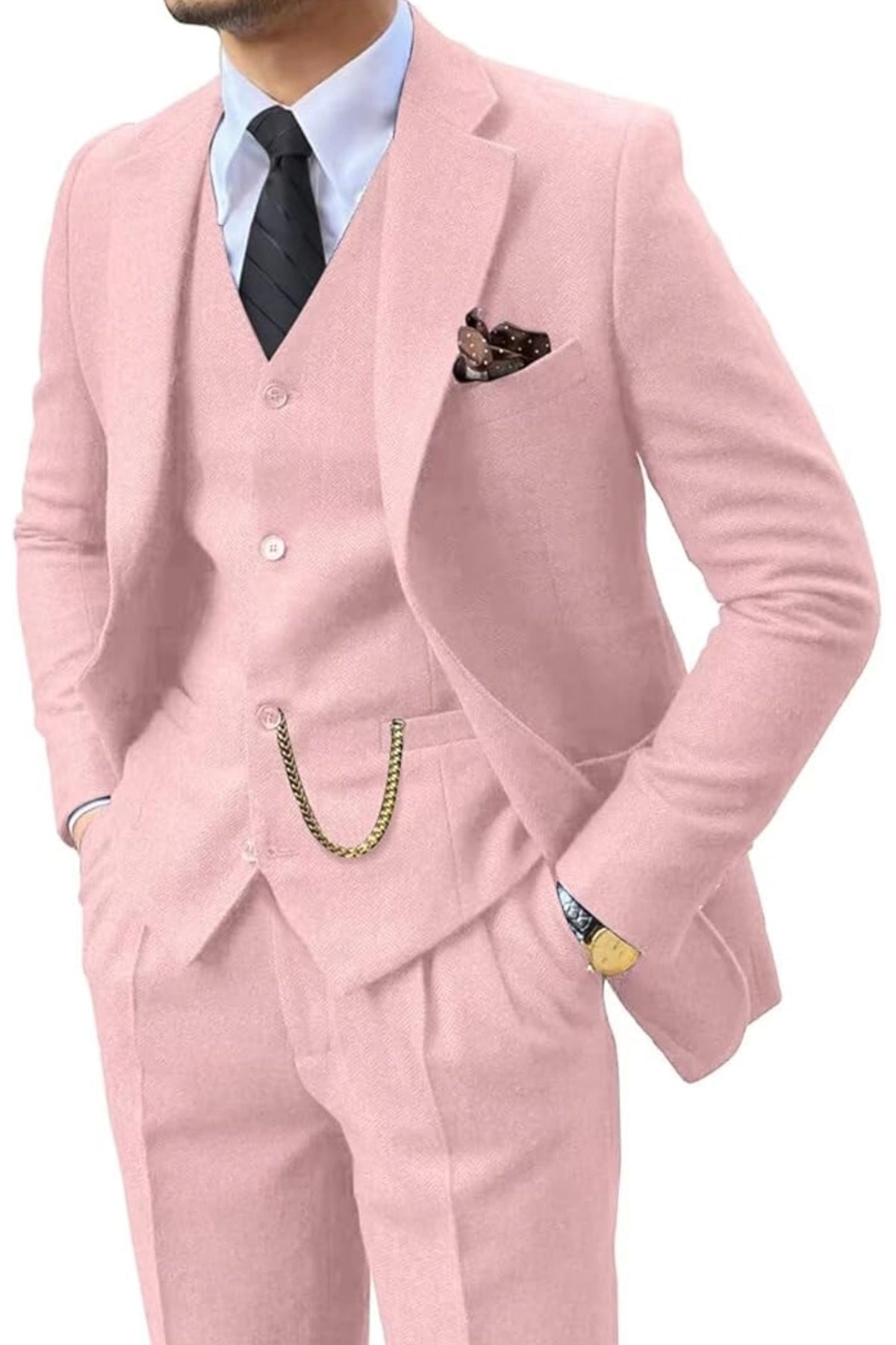 Man wearing a pink herringbone notch-lapel suit